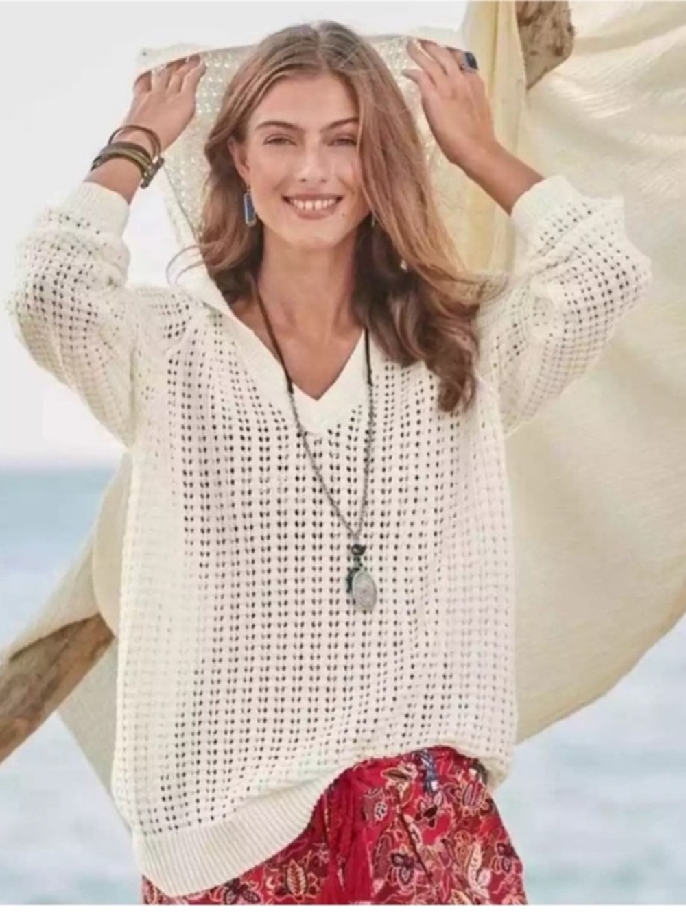 Sundance Cream Crochet Hoodie Beach Cover-Up